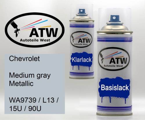 Chevrolet, Medium gray Metallic, WA9739 / L13 / 15U / 90U: 400ml Sprühdose + 400ml Klarlack - Set, von ATW Autoteile West.